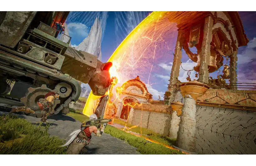 A Highguard battle scene showing warriors armed with guns taking cover behind a large, mechanical vehicle. An orange energy shield protects a towering, ornate structure in the background. The mood is intense and action-filled.