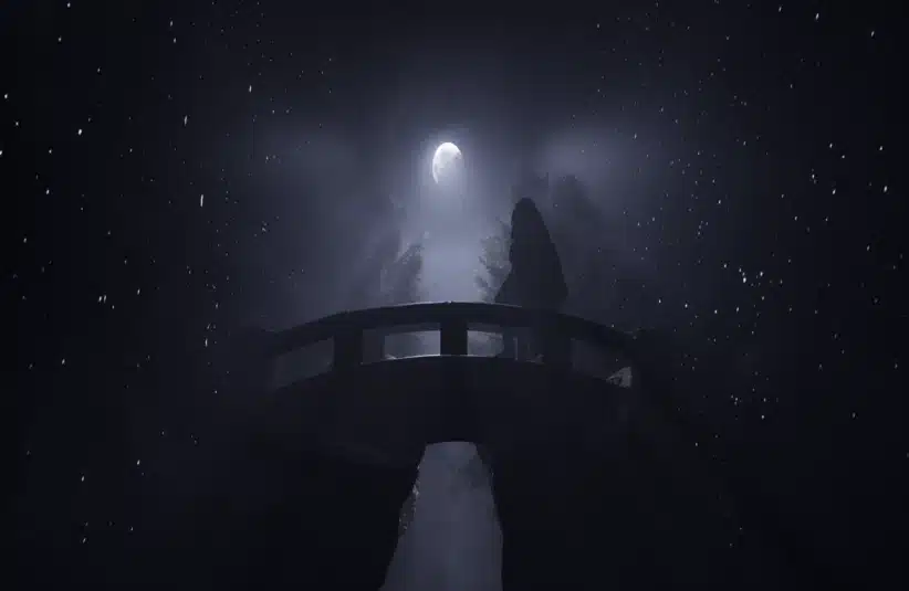 A silhouetted figure stands on an arched bridge under a starry night sky, with a bright moon illuminating the misty scene, creating a mysterious ambiance. Inner Voice
