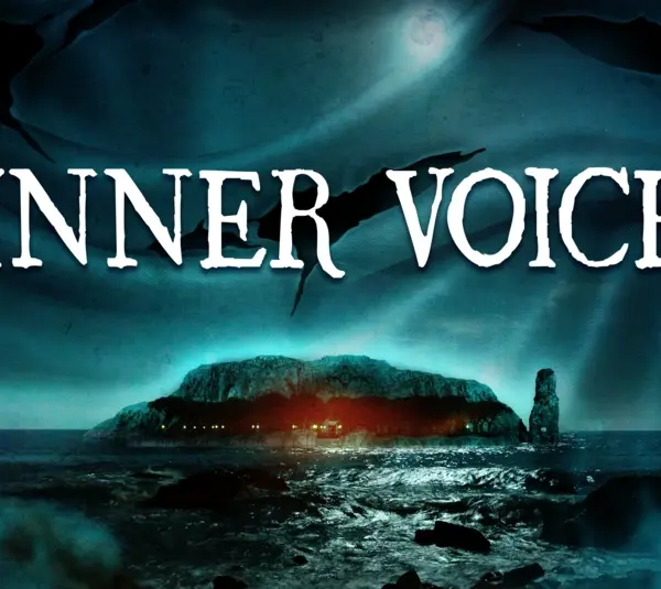 Dark, eerie image of an island at night with choppy waters and a glowing, mysterious light. Text: "Inner Voice" in large, bold font above.