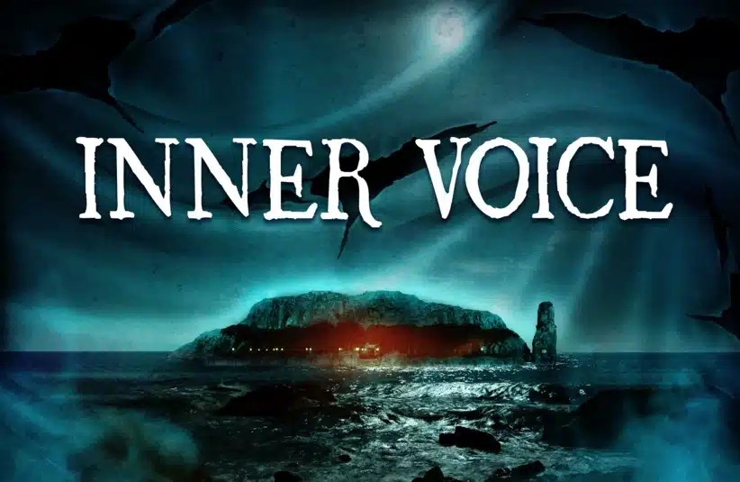 Dark, eerie image of an island at night with choppy waters and a glowing, mysterious light. Text: "Inner Voice" in large, bold font above.