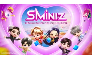 Animated characters of NCT, aespa, and RIZE are inside a pink heart frame with the text "SMINIZ" above. The scene is cheerful and colorful.