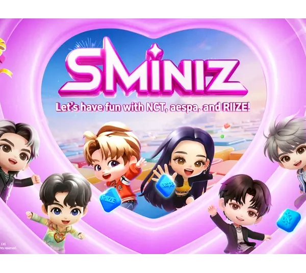 Animated characters of NCT, aespa, and RIZE are inside a pink heart frame with the text "SMINIZ" above. The scene is cheerful and colorful.
