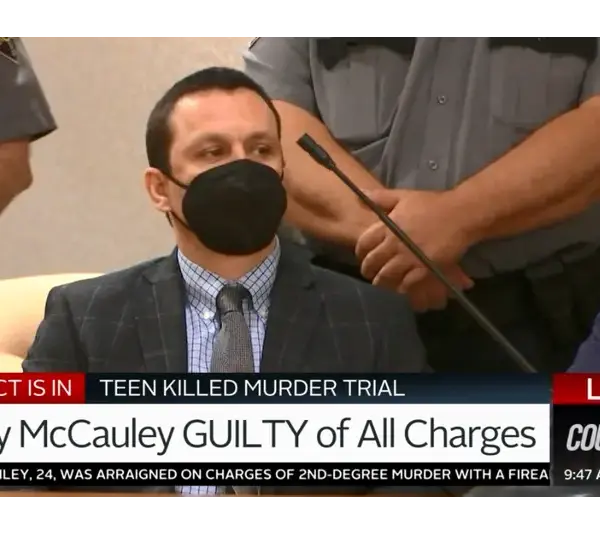 Screenshot of Andy McCauley in court on trial for the murder of Riley Crossman