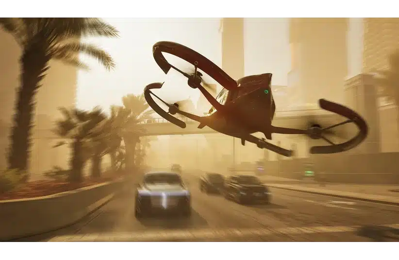 Mindseye Futuristic cityscape with a flying car zooming past palm trees and traffic. The dusty atmosphere and blurred motion create an intense, fast-paced feel.