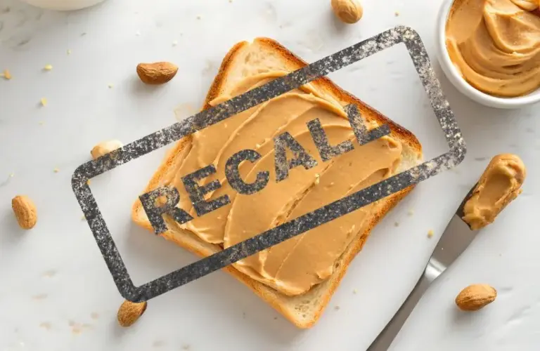 Slice of bread with peanut butter and "RECALL" stamped over it. Knife and almonds nearby on marble surface. Tone conveys warning and caution.