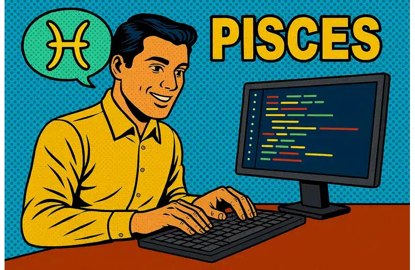 Pisces zodiac sign in pop art style as a software engineer, daily horoscope
