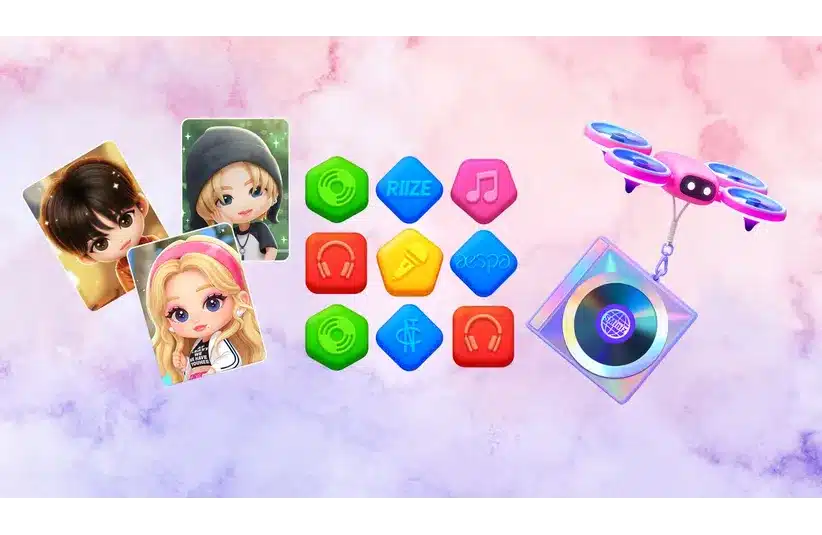 Cute animated characters with colorful hexagonal icons in the center, each symbolizing music elements, against a pastel background. A small pink drone carries a vinyl record.