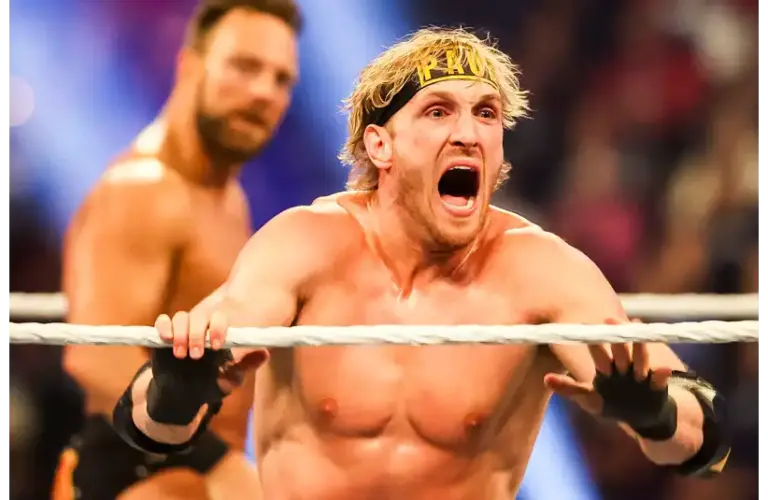 Logan Paul yells in celebration Saturday, Feb. 1, 2025, during the WWE Royal Rumble at Lucas Oil Stadium in Indianapolis. © Grace Smith/IndyStar / USA TODAY NETWORK via Imagn Images