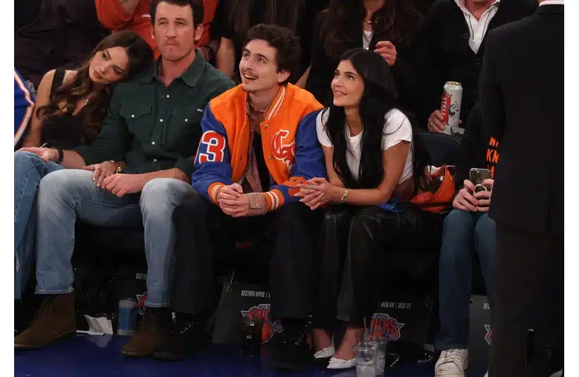 May 29, 2025; New York, New York, USA; French-American actor Timothee Chalamet and Kylie Jenner attend game five between the New York Knicks and the Indiana Pacers in the eastern conference finals for the 2025 NBA Playoffs at Madison Square Garden. Mandatory Credit: Vincent Carchietta-Imagn Images