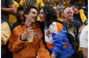May 31, 2025; Indianapolis, Indiana, USA; Timothee Chalamet and Kylie Jenner, a celebrity couple, are seen in attendance during game six of the eastern conference finals between the Indiana Pacers and the New York Knicks for the 2025 NBA Playoffs at Gainbridge Fieldhouse. Mandatory Credit: Trevor Ruszkowski-Imagn Images