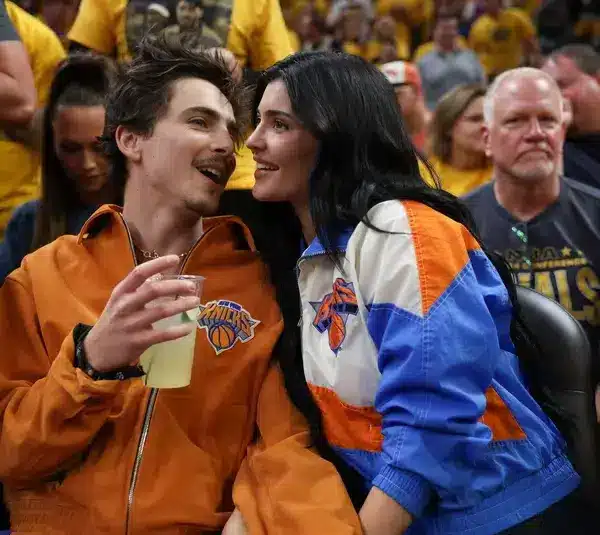 May 31, 2025; Indianapolis, Indiana, USA; Timothee Chalamet and Kylie Jenner, a celebrity couple, are seen in attendance during game six of the eastern conference finals between the Indiana Pacers and the New York Knicks for the 2025 NBA Playoffs at Gainbridge Fieldhouse. Mandatory Credit: Trevor Ruszkowski-Imagn Images