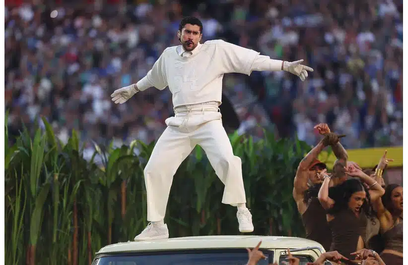 Feb 8, 2026; Santa Clara, CA, USA; Bad Bunny performs the halftime show in Super Bowl LX between the Seattle Seahawks and the New England Patriots at Levi's Stadium. Mandatory Credit: Mark J. Rebilas-Imagn Images