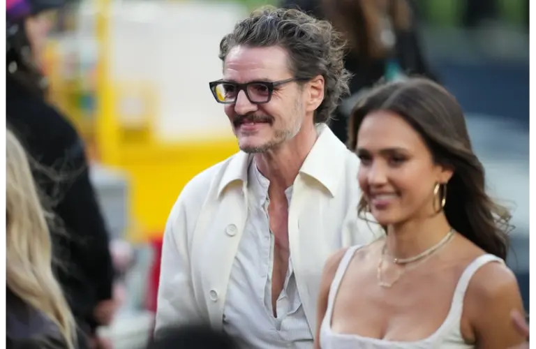 Feb 8, 2026; Santa Clara, CA, USA; Pedro Pascal and Jessica Alba arrive for the half time show at the game between New England Patriots and Seattle Seahawks in Super Bowl LX at Levi's Stadium. Mandatory Credit: Cary Edmondson-Imagn Images