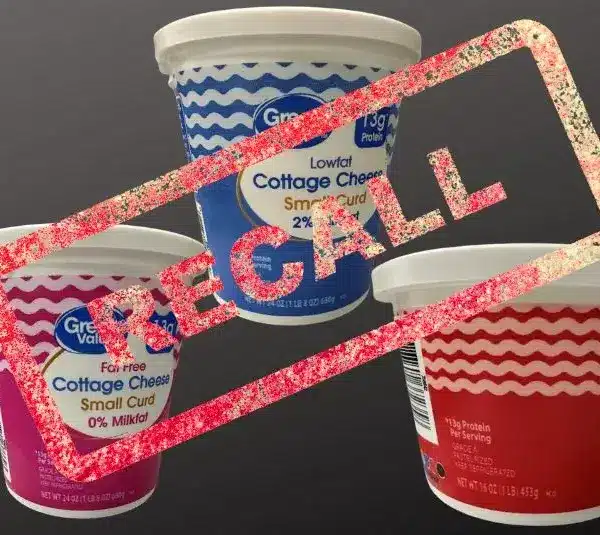 Containers of Great Value Cottage Cheese from Walmart with Recall stamped over them