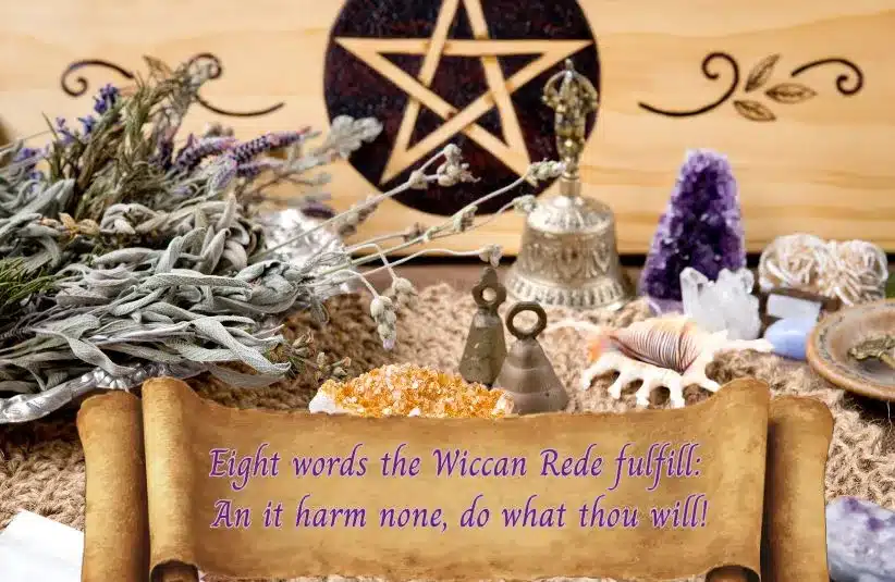 "An altar with herbs, crystals, and a bell, centered around a pentacle symbol. A scroll reads, 'Eight words the Wiccan Rede fulfill: An it harm none, do what thou will!'."