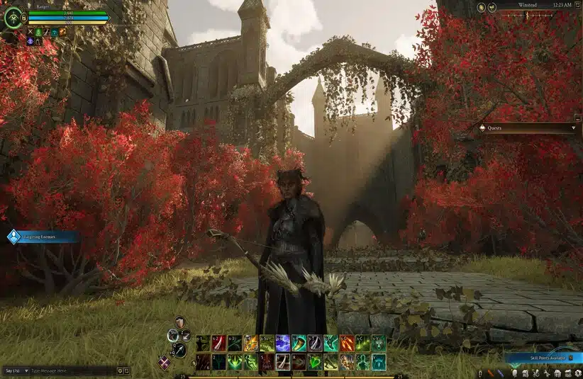 An Ashes of Creation character stands with a bow in an ancient, overgrown courtyard. Red foliage contrasts with the crumbling stone edifices, illuminated by soft sunlight, evoking a mysterious, adventurous tone. Game interface elements surround the scene.