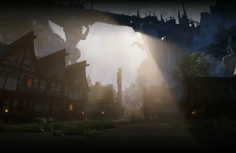 An Ashes of Creation mystical village scene at dusk, with half-timbered houses casting shadows under a stone archway. Sunbeams pierce through, creating a serene, magical atmosphere.