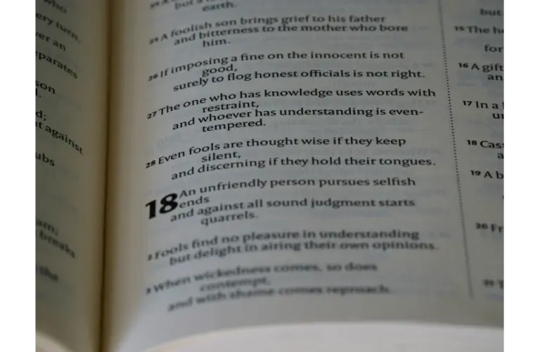 Open book showing a passage with numbered verses. Verse 18 appears bold, discussing themes of wisdom, restraint, and understanding. Calm tone. the ten commandments
