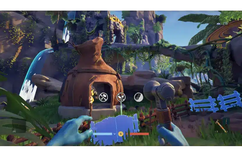 Character with blue hands holds tools in a lush jungle with a small hut. Waterfall in background, vibrant greenery and tools indicate adventure game. Astrobotanica by Space Goblin Studio