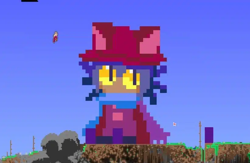 Pixelated Terraria character with large yellow eyes and a red hat stands on blocky terrain under a bright blue sky, evoking a playful retro vibe.