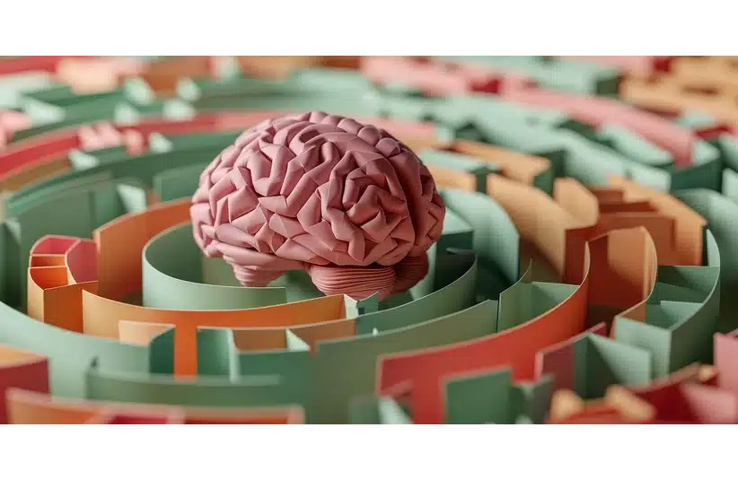 A pink brain sits in the center of a colorful maze with orange and teal walls. The scene conveys complexity, problem-solving, and introspection.