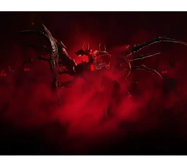 An Ashes of Creation menacing creature, called a Harbinger, with horns and jagged limbs, emerges from swirling red mist, surrounded by glowing red eyes, creating an ominous, dark atmosphere. Steven Sharif