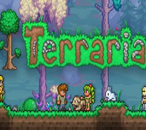 Pixel art landscape from the game "Terraria" featuring colorful trees and characters, including a knight and a bunny, under a grassy logo.