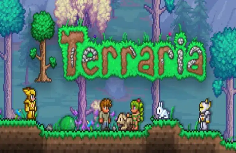Pixel art landscape from the game "Terraria" featuring colorful trees and characters, including a knight and a bunny, under a grassy logo.