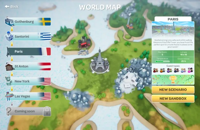 The scenario menu in Hotel Architect