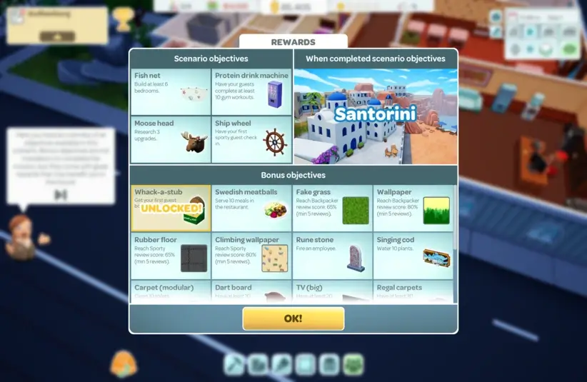 The rewards menu in Hotel Architect