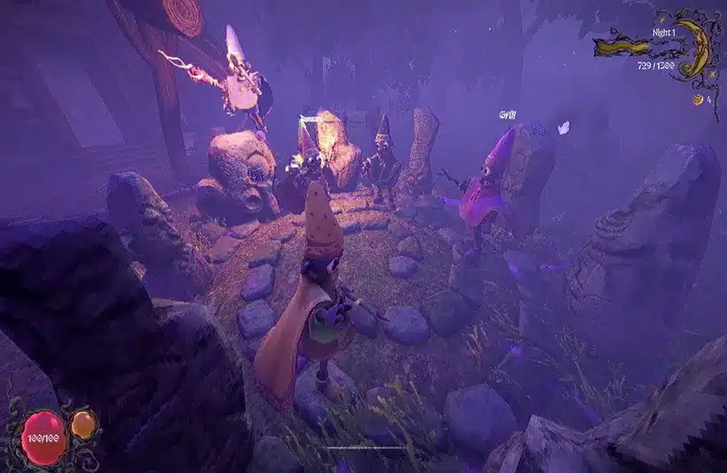 four minions at the teleport circle surrounded by carved stones