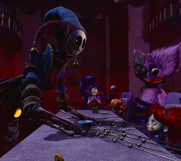 tea party scene with Lily, the Prototype, Kissy, and Poppy in Poppy Playtime Chapter 5