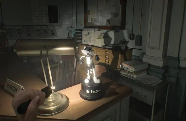 Mr. Raccoon statue found in the reception area of the Care Center facility in Resident Evil Requiem