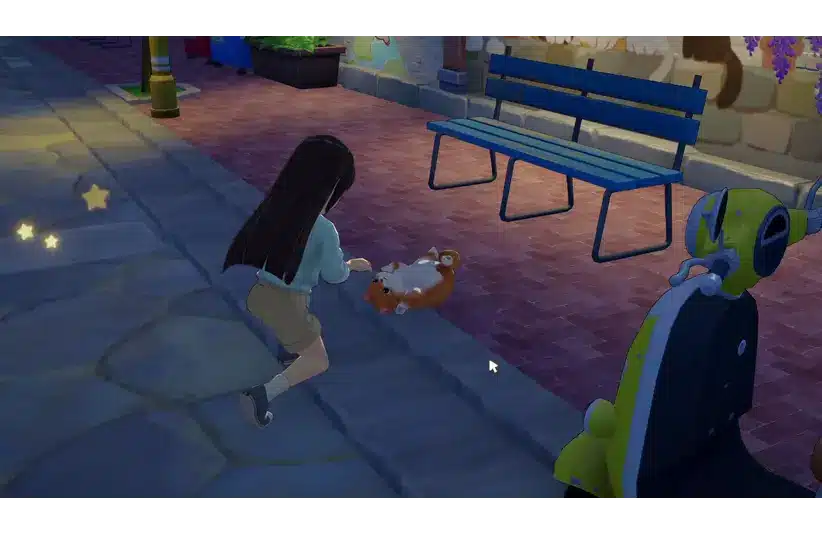 Screenshot from Starsand Island showing the character petting a cat, Life Sim, Seed Sparkle Lab