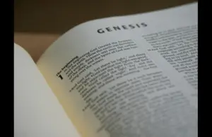 In daily devoton, the Bible is open to Genesis.