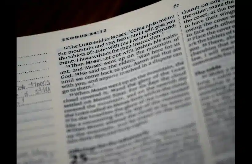 In daily devotion, a Bible open to Exodus is shown.