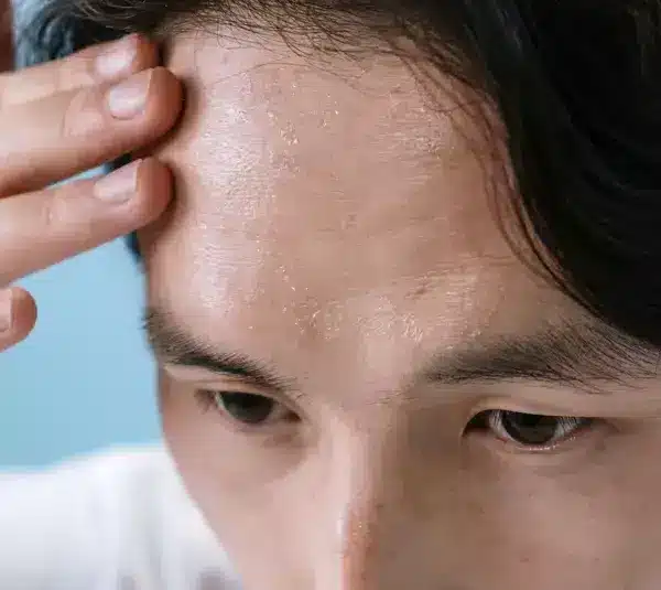 A person placing the hand on the forehead below their brown hair, showing signs of having skin fatigue.