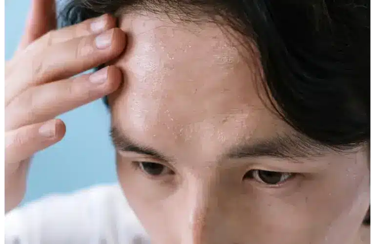 A person placing the hand on the forehead below their brown hair, showing signs of having skin fatigue.