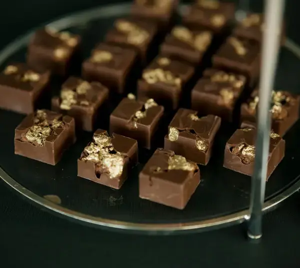 chocolate fudge dessert with gold flakes