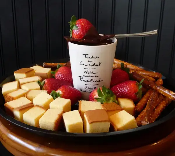 small splurges platter for valentine with some chocolate dip and strawberries