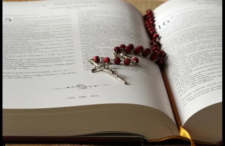 In daily devotion, an open bible is displayed and a necklace with a cross.