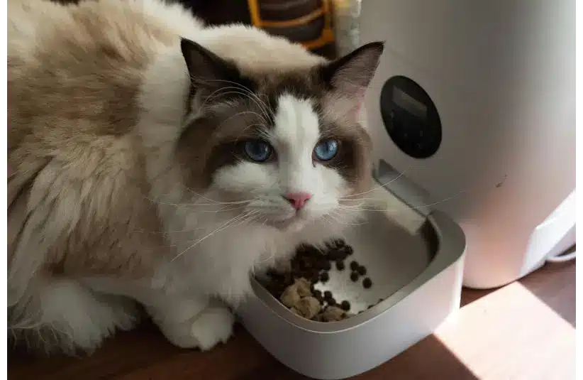 Cat eating from automatic feeder