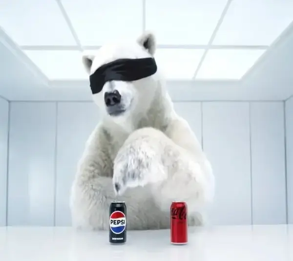 A polar bear takes a taste test in the Super Bowl Pepsi ad.