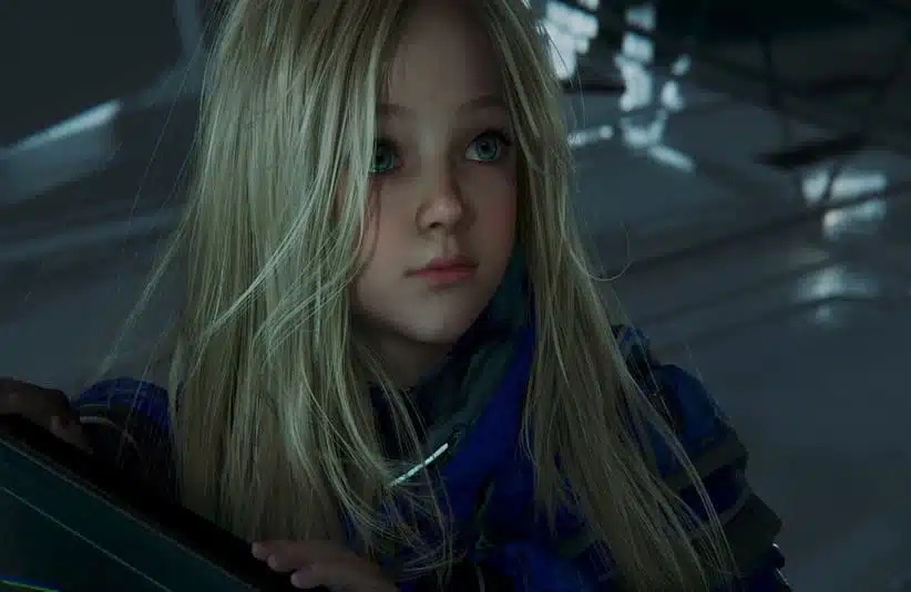 Diana from Pragmata in a purple jacket.