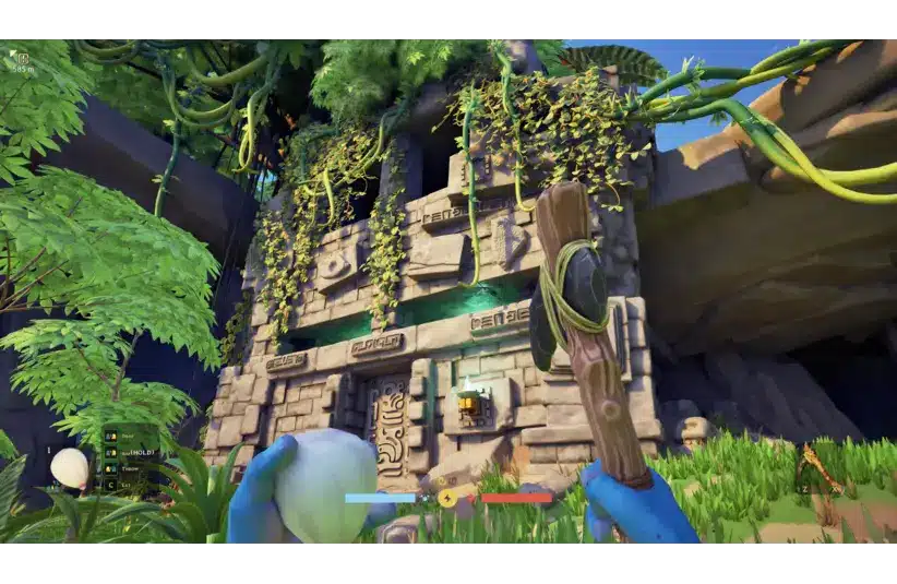 A person holding a wooden club and round object faces a stone temple entwined with vines and greenery. The scene is vibrant and adventurous.