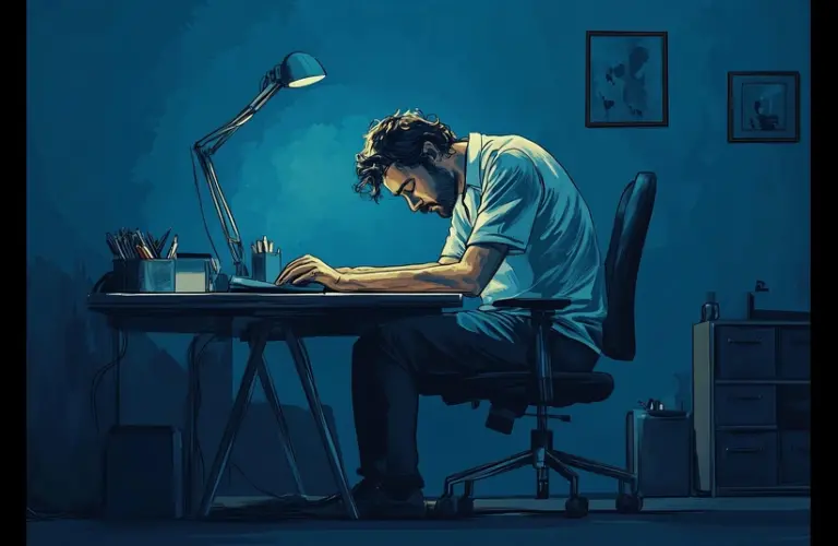 A man sits hunched over a desk, experiencing job burnout, illuminated by a blue-tinted lamp, with a focused expression