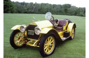 Image of yellow 1914 Stutz Bearcat owned by Antony "Tony" Koveleski in 1985
