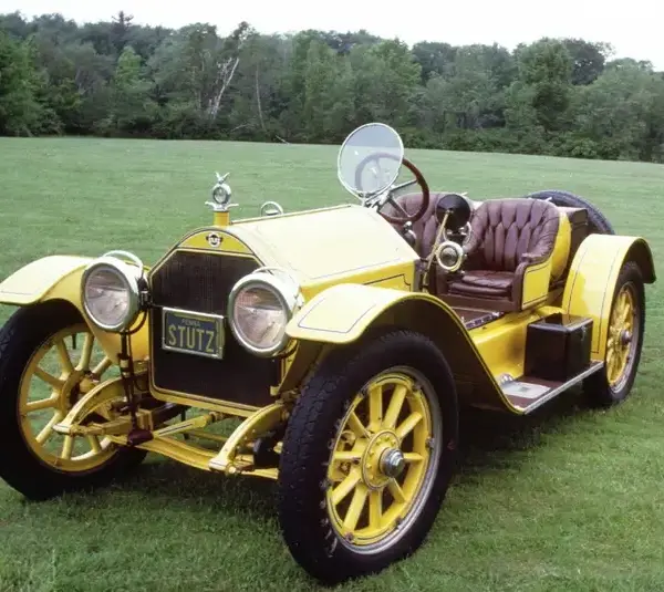 Image of yellow 1914 Stutz Bearcat owned by Antony "Tony" Koveleski in 1985