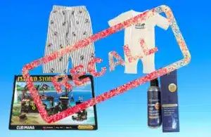 Image of four recalled products on a light blue background with recall stamped over the top