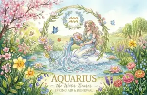 Image representing the astrology sign Aquarius in a spring background surrounded by flowers